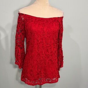 WinWin Vibrant Red Lace Off-Shoulder Blouse Size S/M